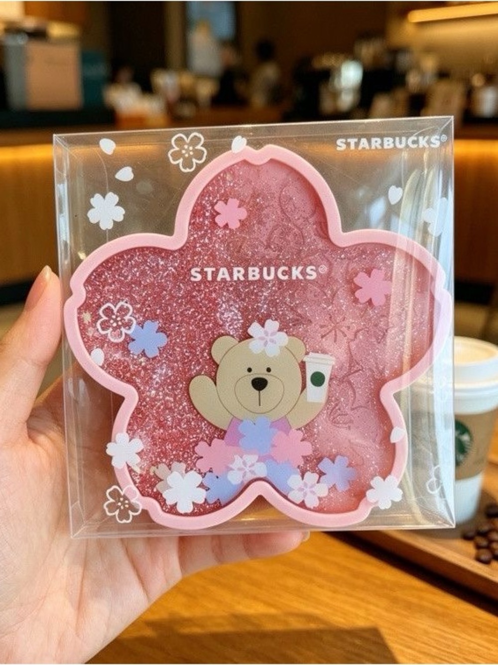 Starbucks Pink Sakura Bear Glitter Silicone coaster